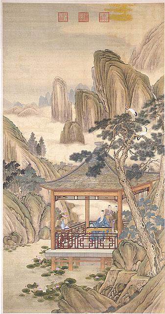 《弘历观荷抚琴图轴》美术画作介绍